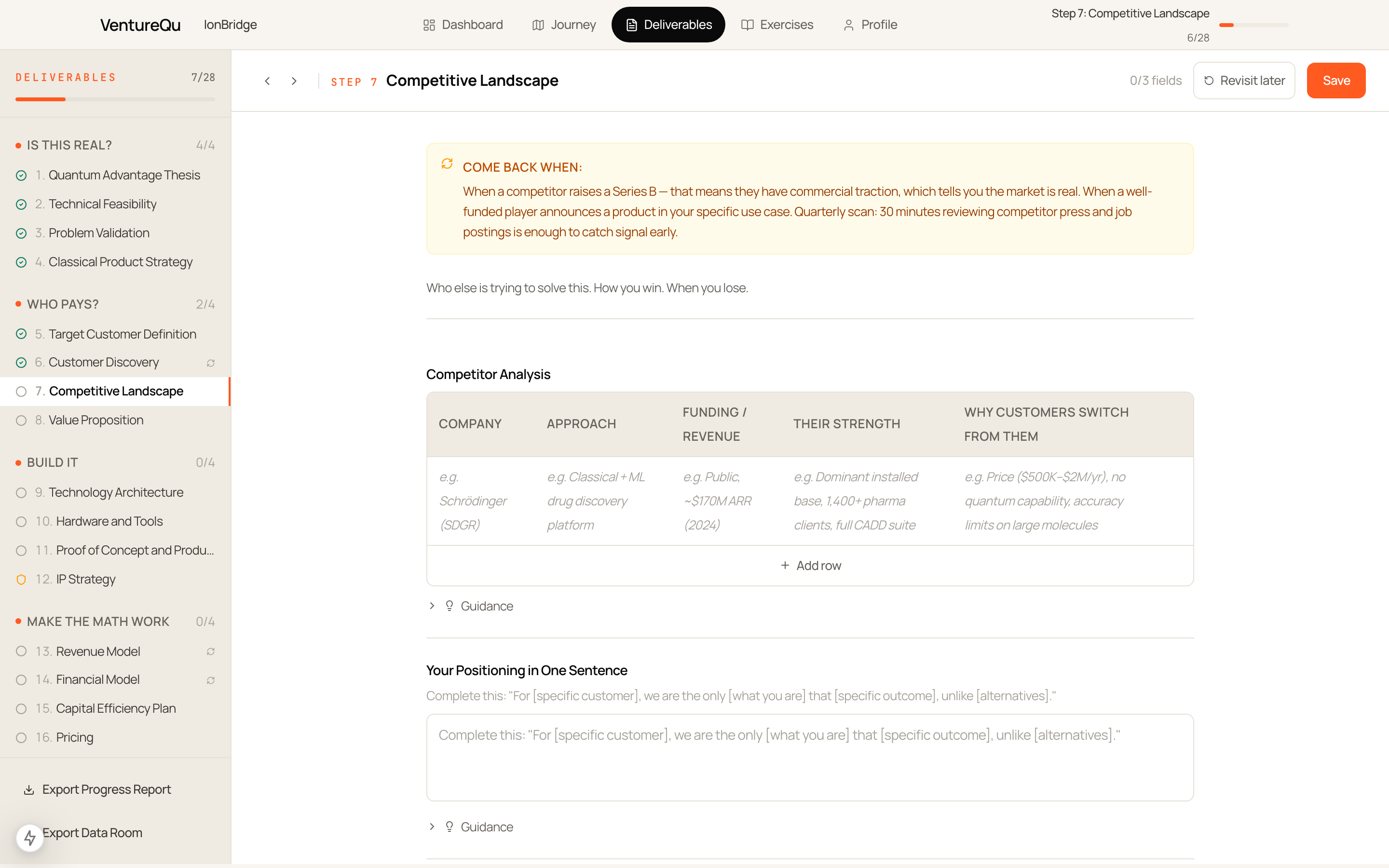 Structured deliverable template with competitor analysis table