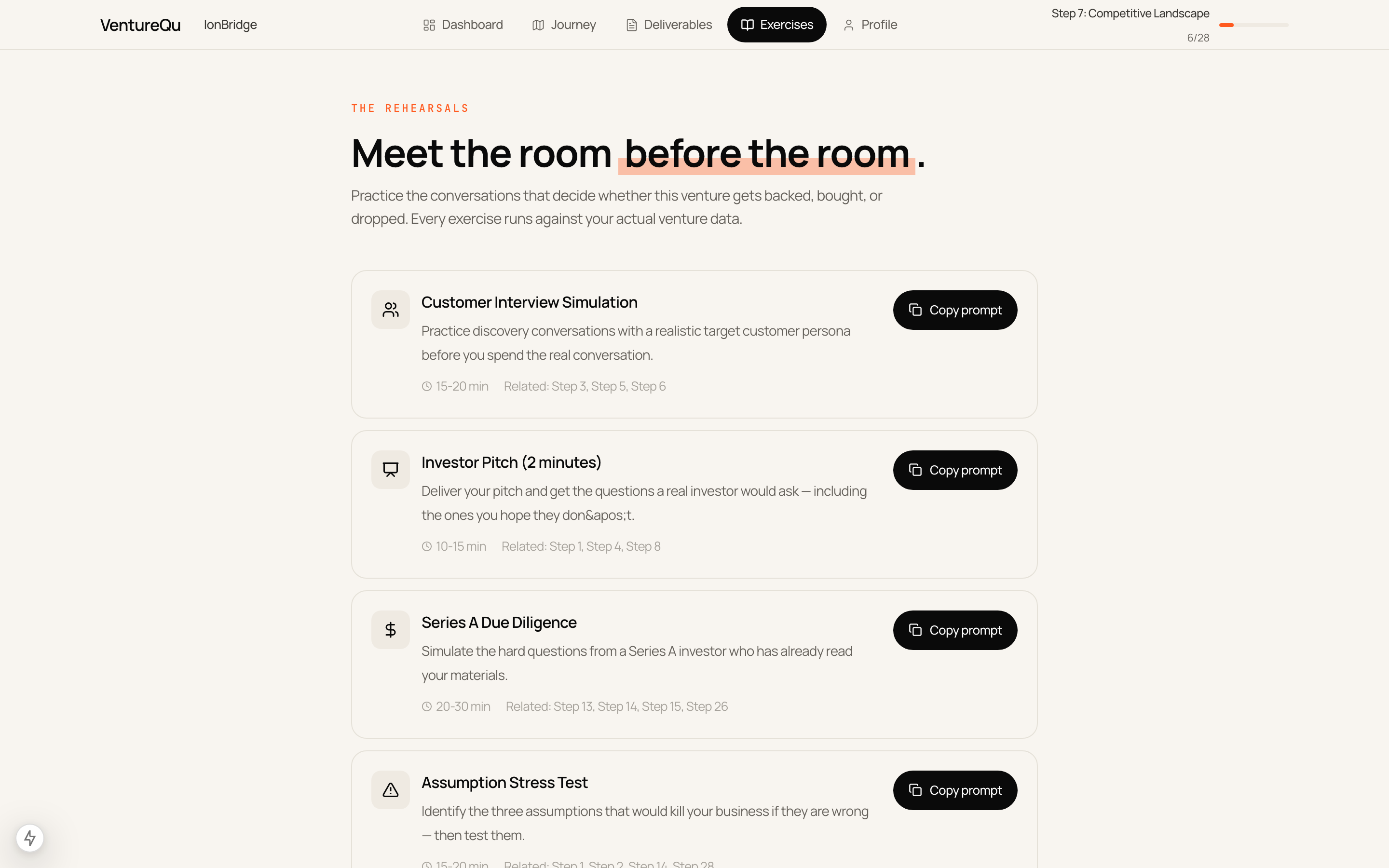 Exercise library for pitch practice and investor Q&A